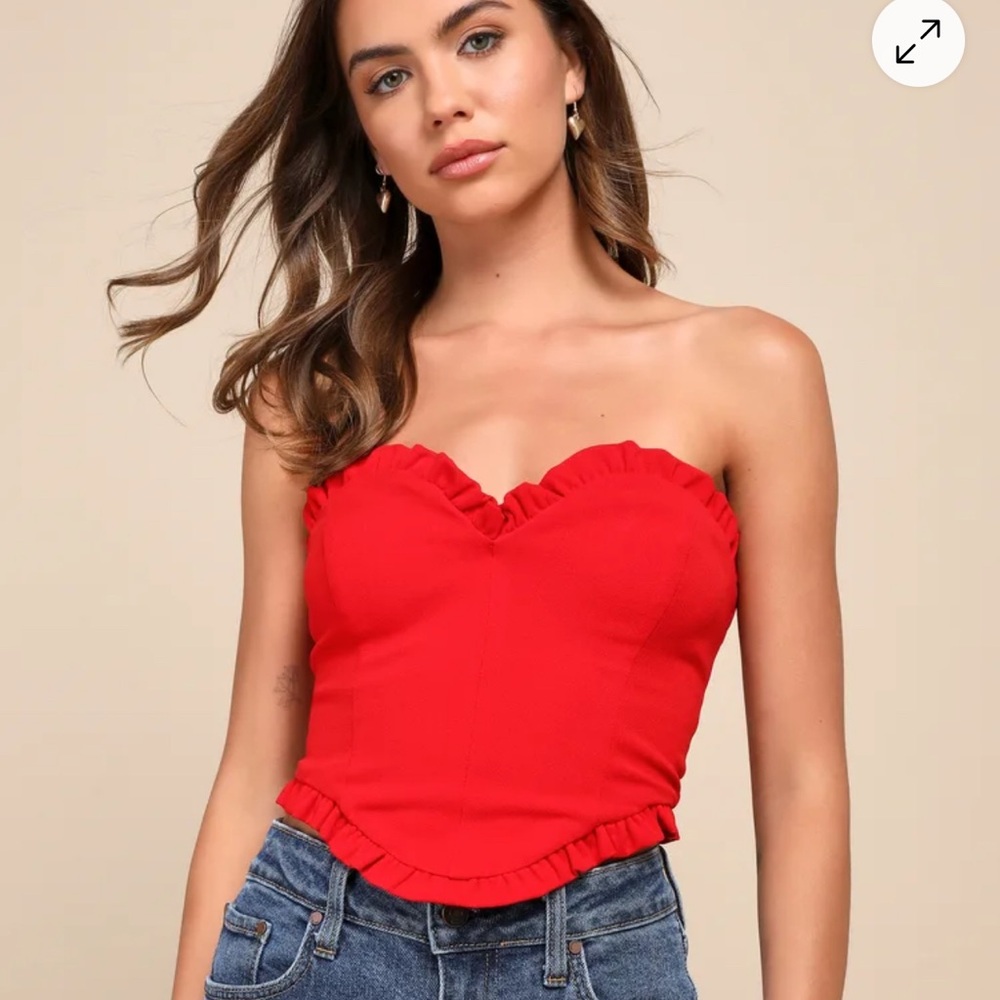 Red Strapless Ruffle Top